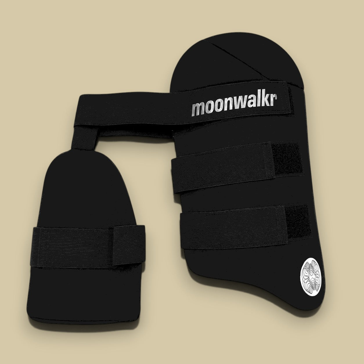 Cricket House Moonwalkr adult cricket thigh pad with integrated dual-guard design for inner and outer leg protection.