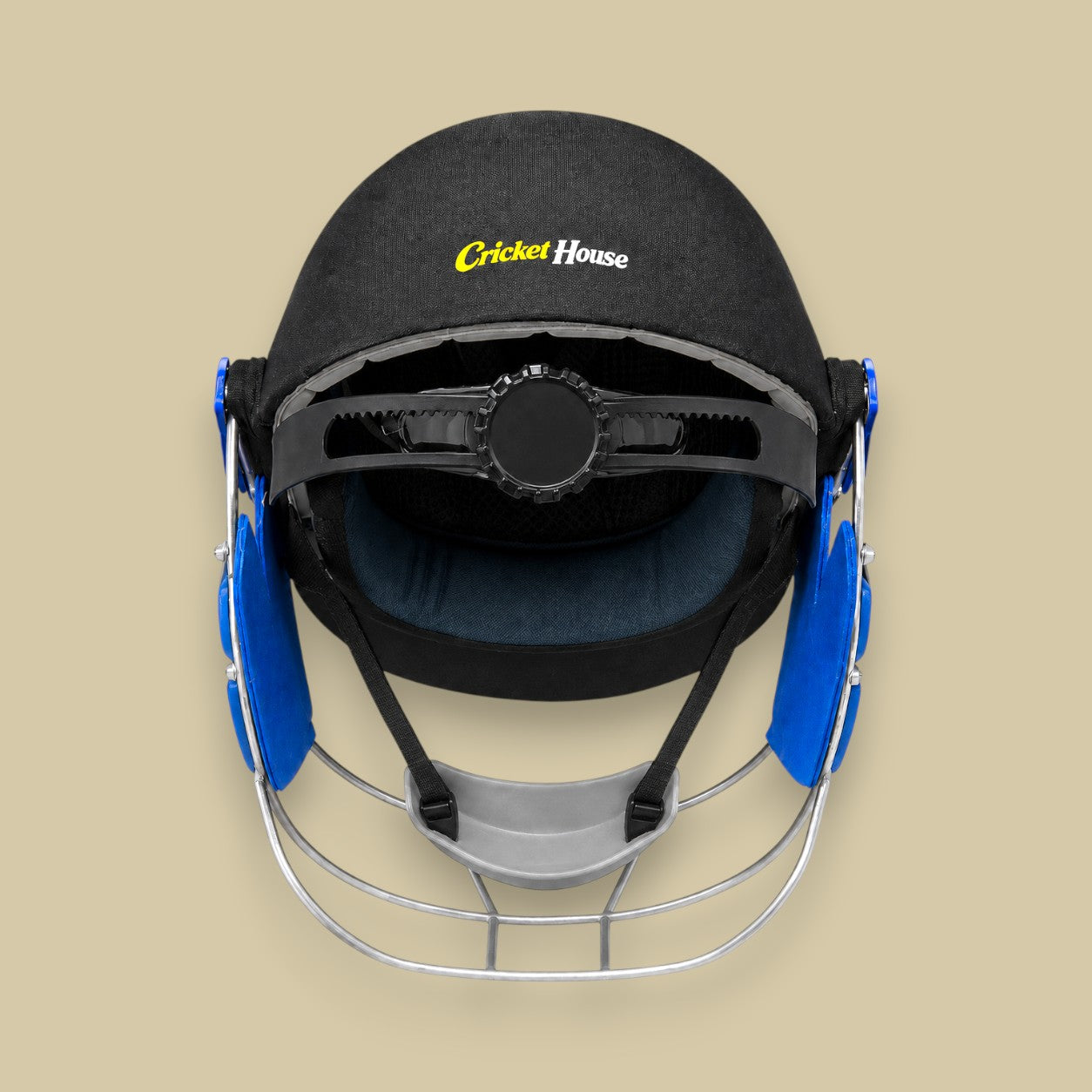 Cricket House adult batting helmet in black with a reinforced steel grille, adjustable padding, and blue accents.