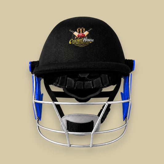Cricket House adult batting helmet in black with a reinforced steel grille and adjustable inner padding