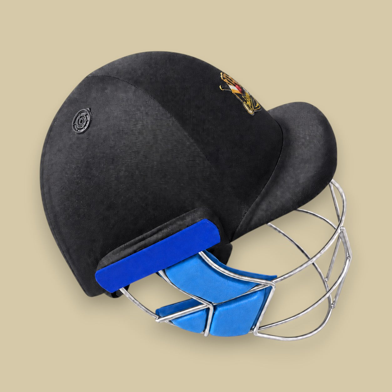 Cricket House adult batting helmet in black with a reinforced steel grille and blue protective padding.