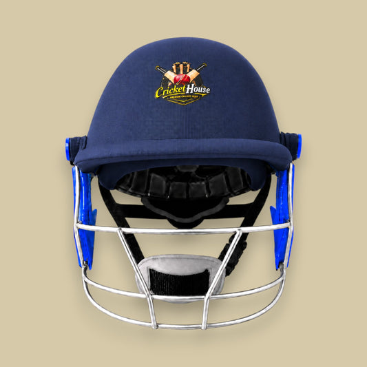 Cricket House adult blue batting helmet with a reinforced steel grille and lightweight ABS shell for cricket players.