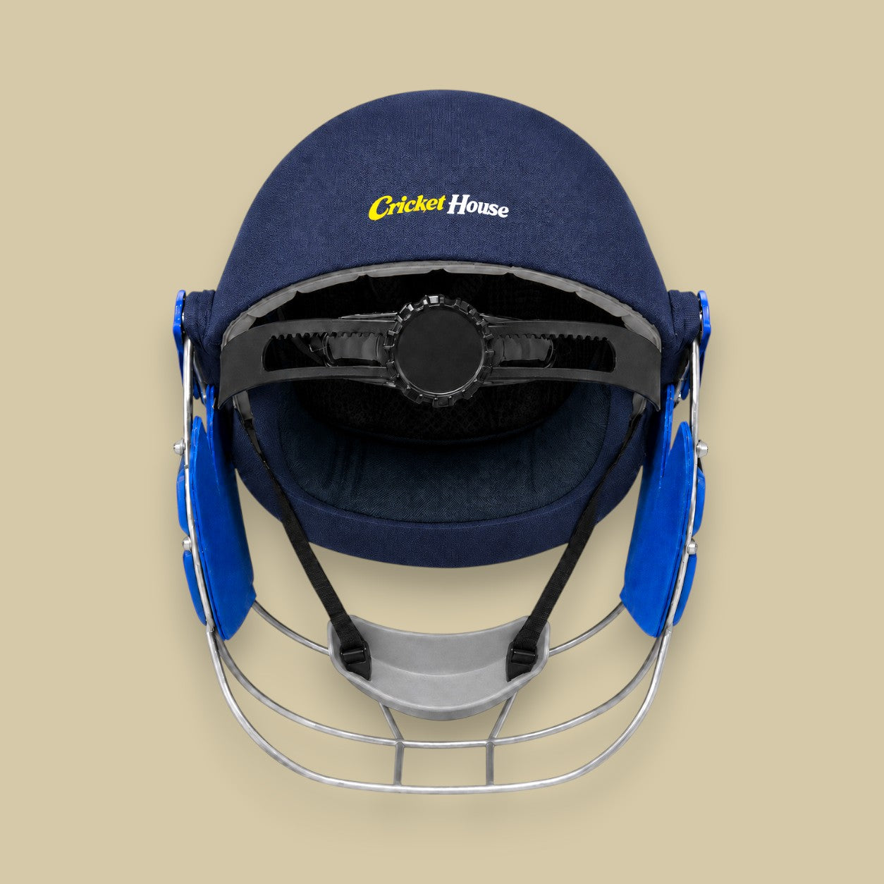 Cricket House adult blue batting helmet with a reinforced steel grille and adjustable inner padding for protection.