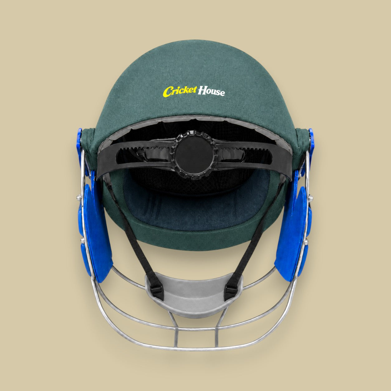 Cricket House adult batting helmet in green with a reinforced steel grille and adjustable inner padding.