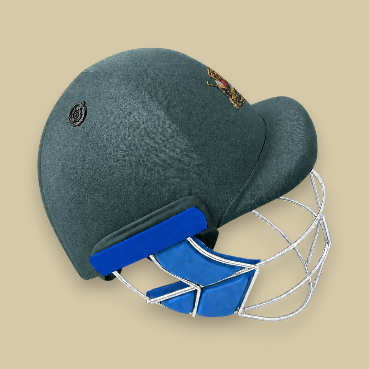Cricket House adult green batting helmet with a reinforced steel grille and blue protective padding.