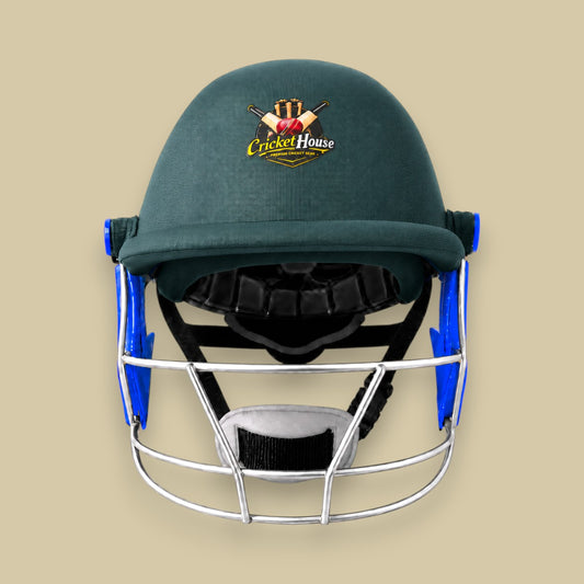 Cricket House adult batting helmet in green with a reinforced steel grille and protective ABS outer shell