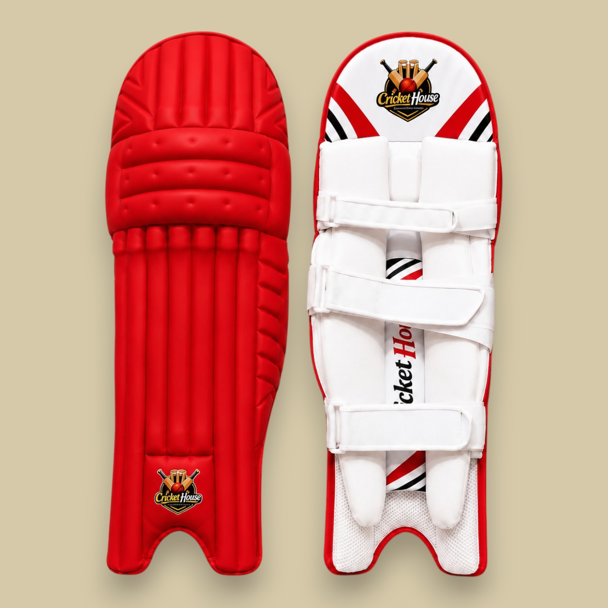 Cricket House red batting pads with a traditional three-piece knee roll, triple-strap system, and protective design.
