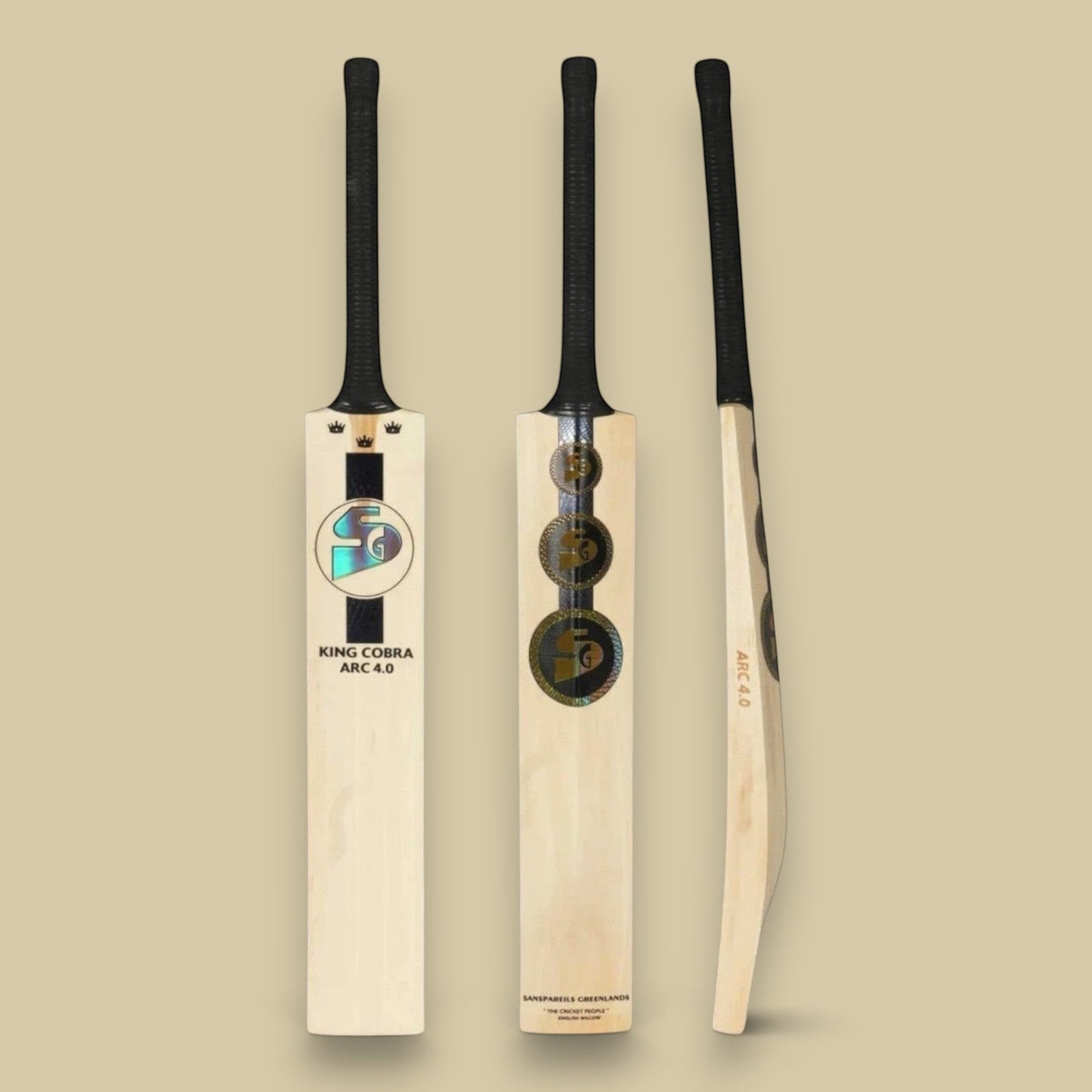 Cricket House SG King Cobra Arc 4.0 English willow cricket bat showing front, back, and side profiles with black grip.