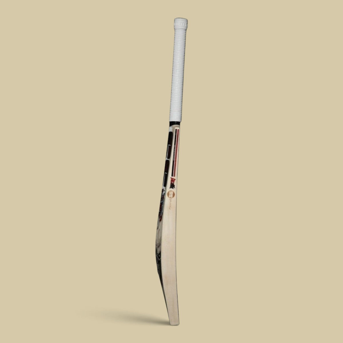 Cricket House SS Devil Red English willow cricket bat with thick edges and white grip, side profile view.