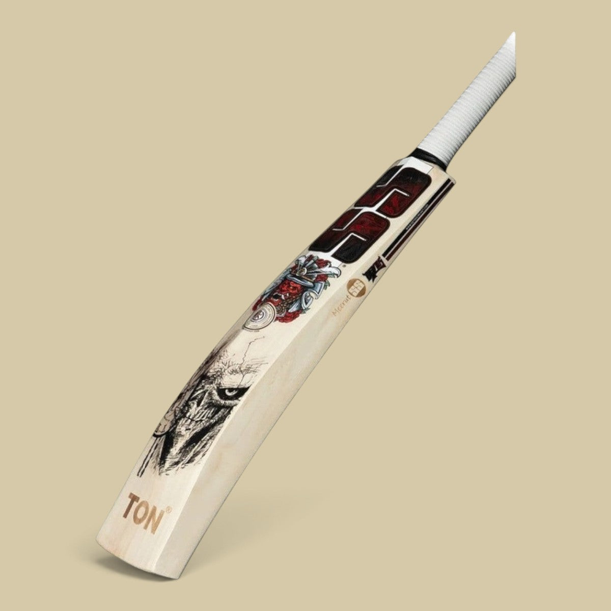 Cricket House SS Devil Red English willow cricket bat with bold chrome stickers and a white handle grip