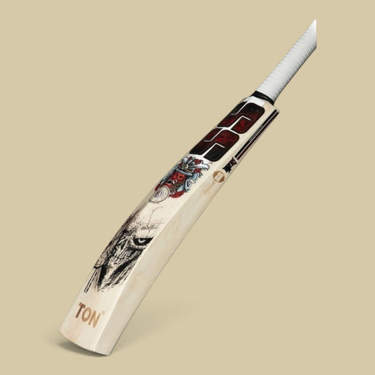 Cricket House SS Devil Red English willow cricket bat with bold chrome stickers and a white handle grip