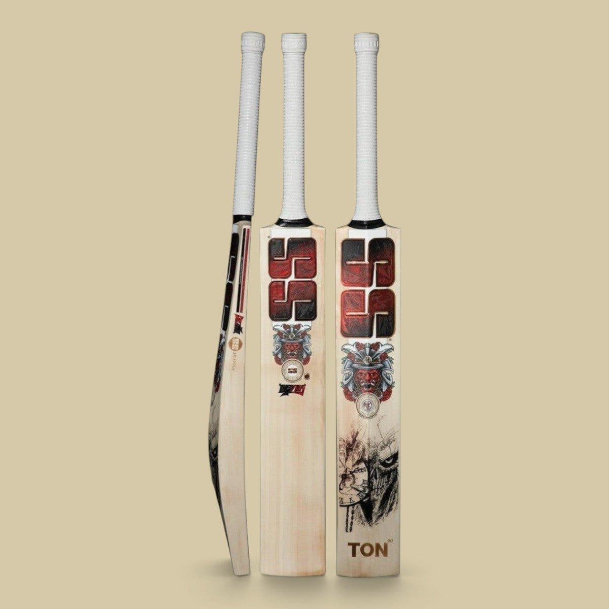 Cricket House SS Devil Red English willow cricket bat with thick edges, red chrome stickers, and white handle grip.