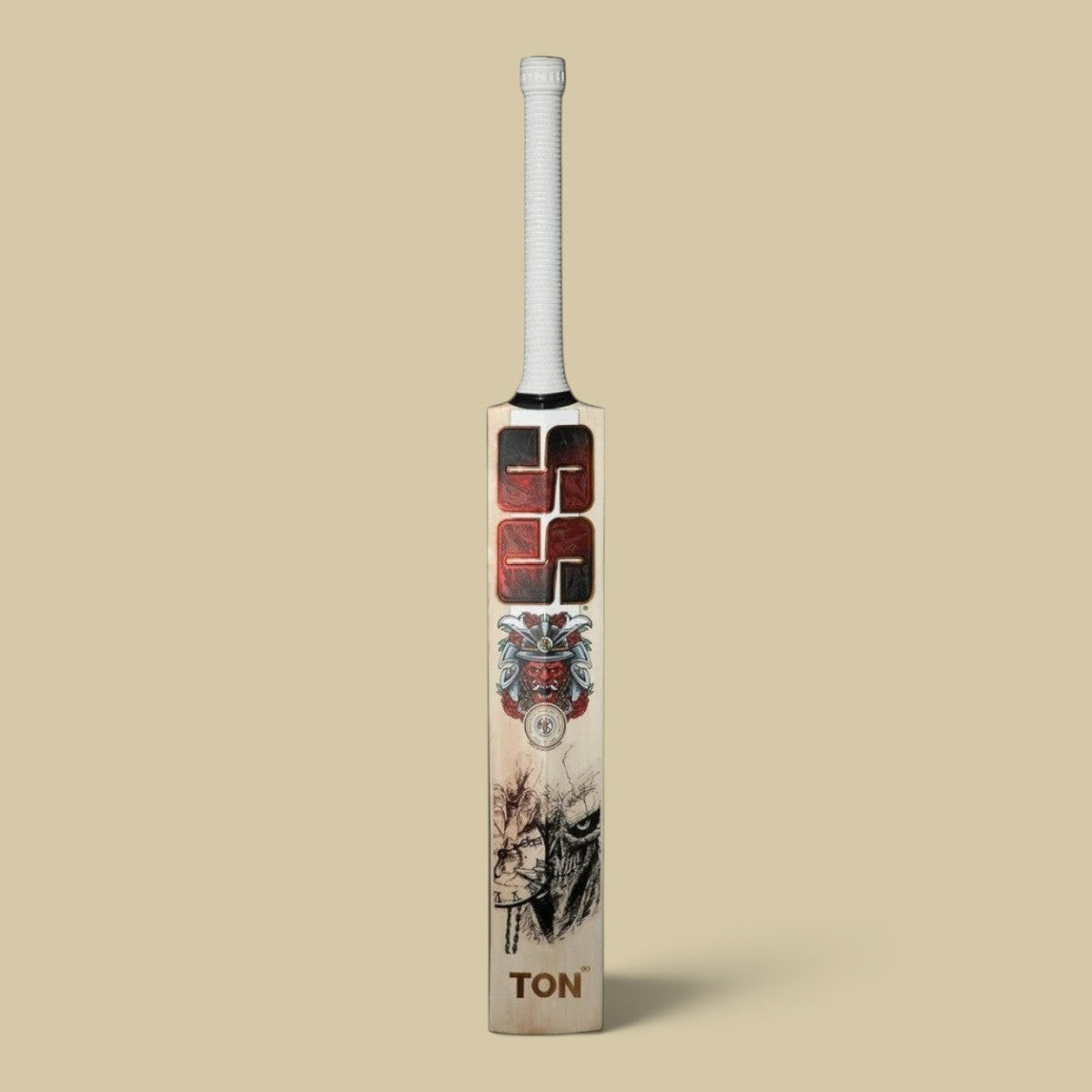 Cricket House SS Devil Red English willow cricket bat with bold red chrome branding and detailed samurai graphic.
