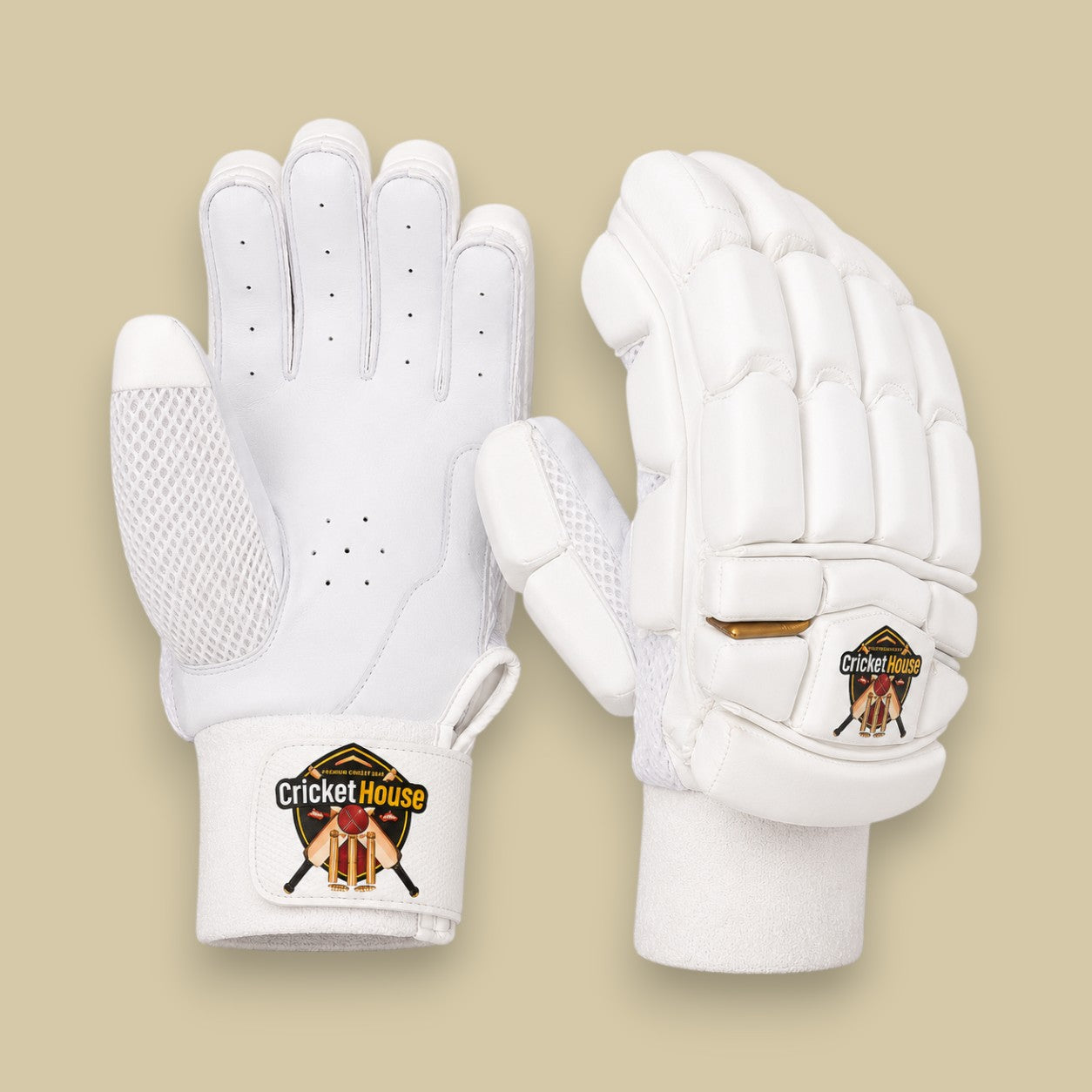 Cricket House finger-cut batting gloves in all-white with segmented finger padding, breathable palm, and wrist straps.