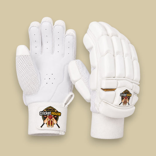 Cricket House finger-cut batting gloves in all-white with segmented finger padding, breathable palm, and wrist straps.